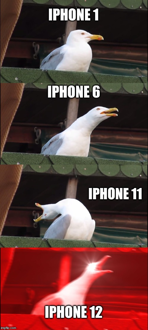 Inhaling Seagull | IPHONE 1; IPHONE 6; IPHONE 11; IPHONE 12 | image tagged in memes,inhaling seagull | made w/ Imgflip meme maker