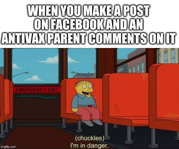 I'm in Danger + blank place above | WHEN YOU MAKE A POST ON FACEBOOK AND AN ANTIVAX PARENT COMMENTS ON IT | image tagged in i'm in danger  blank place above | made w/ Imgflip meme maker