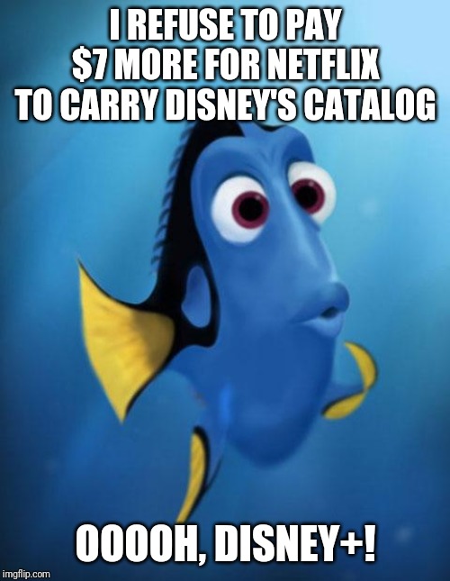 Dory | I REFUSE TO PAY $7 MORE FOR NETFLIX TO CARRY DISNEY'S CATALOG; OOOOH, DISNEY+! | image tagged in dory,AdviceAnimals | made w/ Imgflip meme maker