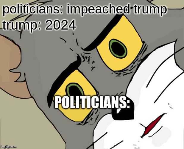 Unsettled Tom | politicians: impeached trump; trump: 2024; POLITICIANS: | image tagged in memes,unsettled tom | made w/ Imgflip meme maker