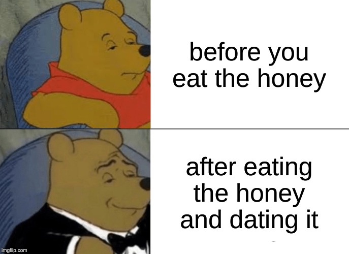 Tuxedo Winnie The Pooh Meme | before you eat the honey; after eating the honey and dating it | image tagged in memes,tuxedo winnie the pooh | made w/ Imgflip meme maker