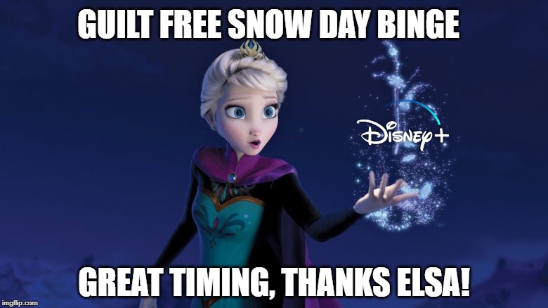 Snow Day Disney Plus Launch | GUILT FREE SNOW DAY BINGE; GREAT TIMING, THANKS ELSA! | image tagged in elsa frozen,snow day,disney | made w/ Imgflip meme maker