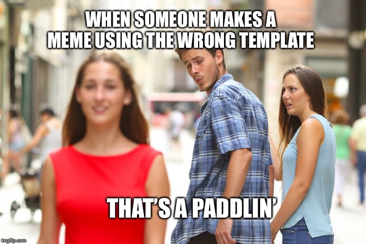 Distracted Boyfriend | WHEN SOMEONE MAKES A MEME USING THE WRONG TEMPLATE; THAT’S A PADDLIN’ | image tagged in memes,distracted boyfriend | made w/ Imgflip meme maker