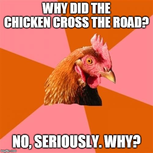 Anti Joke Chicken Meme | WHY DID THE CHICKEN CROSS THE ROAD? NO, SERIOUSLY. WHY? | image tagged in memes,anti joke chicken,anti joke | made w/ Imgflip meme maker