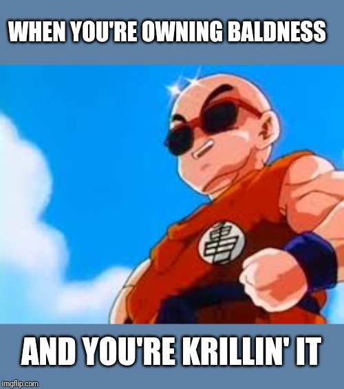 Krillin' it | WHEN YOU'RE OWNING BALDNESS; AND YOU'RE KRILLIN' IT | image tagged in dbz,krillin,bald | made w/ Imgflip meme maker