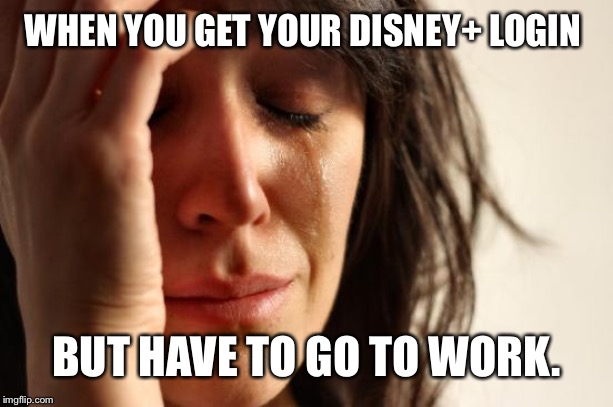 First World Problems Meme | WHEN YOU GET YOUR DISNEY+ LOGIN; BUT HAVE TO GO TO WORK. | image tagged in memes,first world problems | made w/ Imgflip meme maker