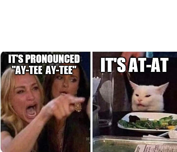 It's AT-AT | IT'S PRONOUNCED
"AY-TEE  AY-TEE"; IT'S AT-AT | image tagged in lady screams at cat,star wars,the empire strikes back,starwars,geek,nerd | made w/ Imgflip meme maker