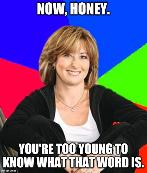 Sheltering Suburban Mom Meme | NOW, HONEY. YOU'RE TOO YOUNG TO KNOW WHAT THAT WORD IS. | image tagged in memes,sheltering suburban mom | made w/ Imgflip meme maker