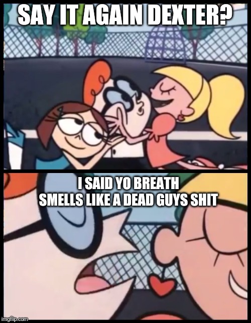 Say it Again, Dexter Meme | SAY IT AGAIN DEXTER? I SAID YO BREATH SMELLS LIKE A DEAD GUYS SHIT | image tagged in memes,say it again dexter | made w/ Imgflip meme maker