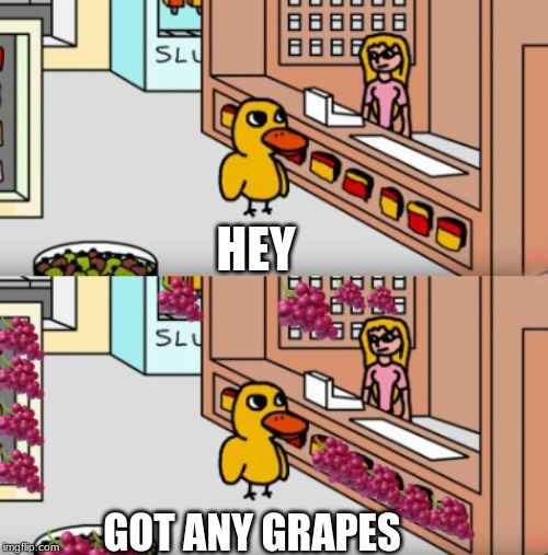 Got Any Grapes? | HEY; GOT ANY GRAPES | image tagged in ducksong,gotanygrapes | made w/ Imgflip meme maker
