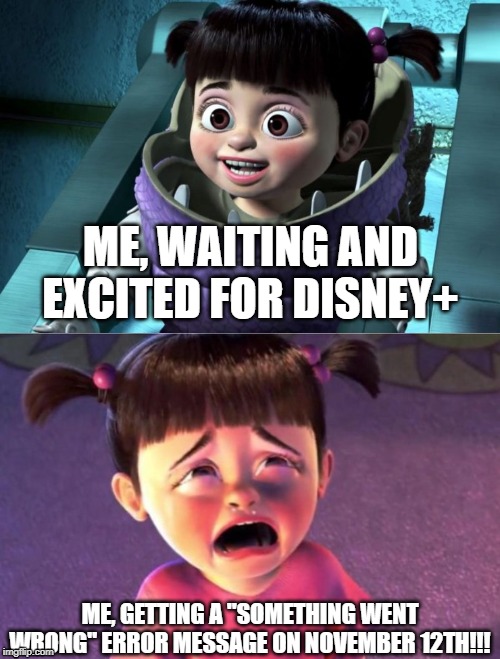 Disney+ Fail |  ME, WAITING AND EXCITED FOR DISNEY+; ME, GETTING A "SOMETHING WENT WRONG" ERROR MESSAGE ON NOVEMBER 12TH!!! | image tagged in disney,monsters inc,boo | made w/ Imgflip meme maker