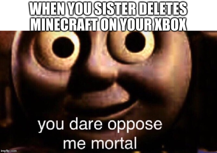 Minecraft Shall Never Die | WHEN YOU SISTER DELETES MINECRAFT ON YOUR XBOX | image tagged in you dare oppose me mortal,minecraft | made w/ Imgflip meme maker