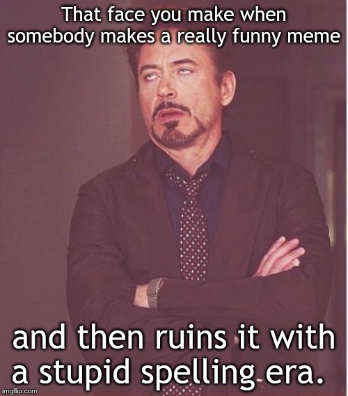 Face You Make Robert Downey Jr Meme | That face you make when somebody makes a really funny meme; and then ruins it with a stupid spelling era. | image tagged in memes,face you make robert downey jr | made w/ Imgflip meme maker