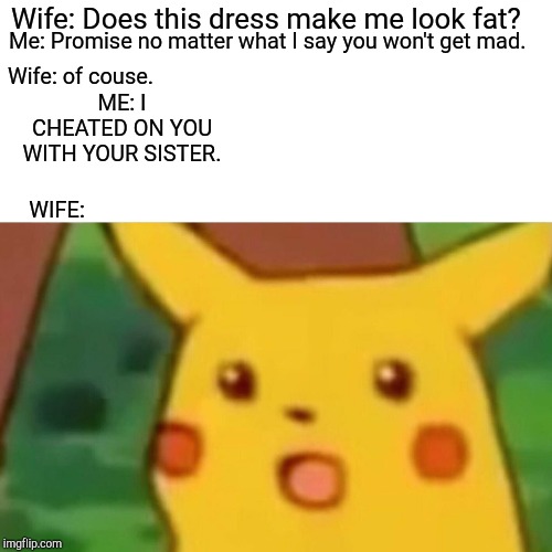 Surprised Pikachu | Wife: Does this dress make me look fat? Me: Promise no matter what I say you won't get mad. Wife: of couse. ME: I CHEATED ON YOU WITH YOUR SISTER. WIFE: | image tagged in memes,surprised pikachu | made w/ Imgflip meme maker