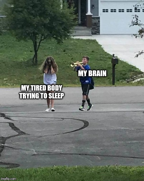 Trumpet Boy | MY BRAIN; MY TIRED BODY TRYING TO SLEEP | image tagged in trumpet boy | made w/ Imgflip meme maker