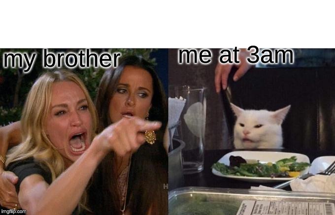 Woman Yelling At Cat | me at 3am; my brother | image tagged in memes,woman yelling at cat | made w/ Imgflip meme maker