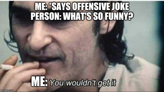 You wouldn't get it | ME: *SAYS OFFENSIVE JOKE
PERSON: WHAT'S SO FUNNY? ME: | image tagged in you wouldn't get it | made w/ Imgflip meme maker