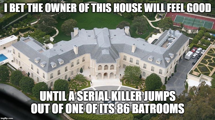 downsides of a mansion | I BET THE OWNER OF THIS HOUSE WILL FEEL GOOD; UNTIL A SERIAL KILLER JUMPS OUT OF ONE OF ITS 86 BATROOMS | image tagged in memes,mansion,funny | made w/ Imgflip meme maker