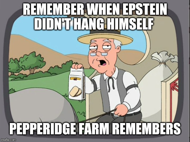 Pepperidge Farm Remembers | REMEMBER WHEN EPSTEIN DIDN'T HANG HIMSELF; PEPPERIDGE FARM REMEMBERS | image tagged in jeffrey epstein,pepperidge farm remembers | made w/ Imgflip meme maker