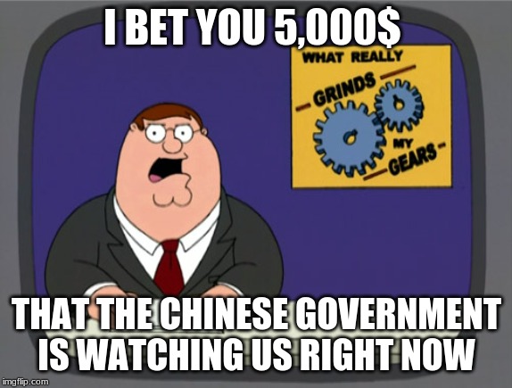 Peter Griffin News Meme | I BET YOU 5,000$; THAT THE CHINESE GOVERNMENT IS WATCHING US RIGHT NOW | image tagged in memes,peter griffin news | made w/ Imgflip meme maker