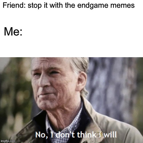 No, I don’t think I will.... | Friend: stop it with the endgame memes; Me: | image tagged in avengers endgame | made w/ Imgflip meme maker