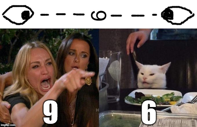 9 or 6? | 6; 9; 6 | image tagged in memes,woman yelling at cat,funny,watch,numbers | made w/ Imgflip meme maker
