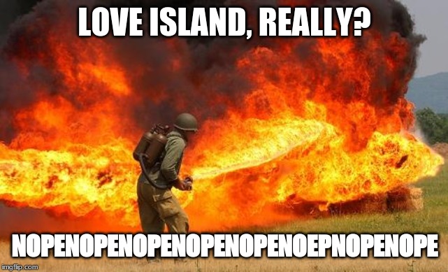 Nope flamethrower | LOVE ISLAND, REALLY? NOPENOPENOPENOPENOPENOEPNOPENOPE | image tagged in nope flamethrower | made w/ Imgflip meme maker
