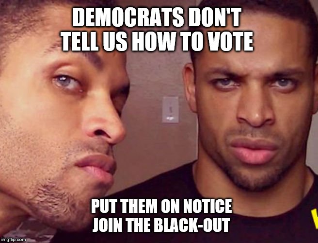 Blacks Against Democrat Oppression BADO | DEMOCRATS DON'T TELL US HOW TO VOTE; PUT THEM ON NOTICE
JOIN THE BLACK-OUT | image tagged in hodge twins,memes | made w/ Imgflip meme maker