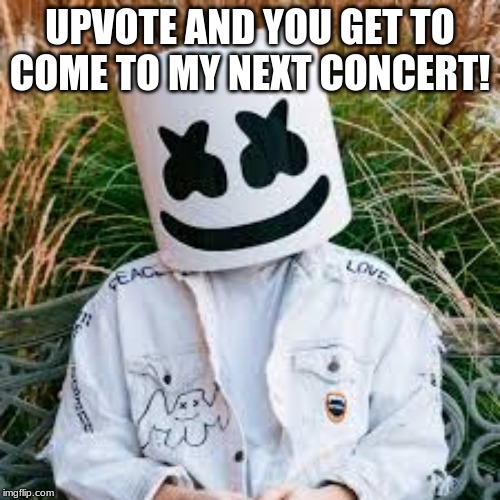 Marshmello | UPVOTE AND YOU GET TO COME TO MY NEXT CONCERT! | image tagged in marshmello | made w/ Imgflip meme maker