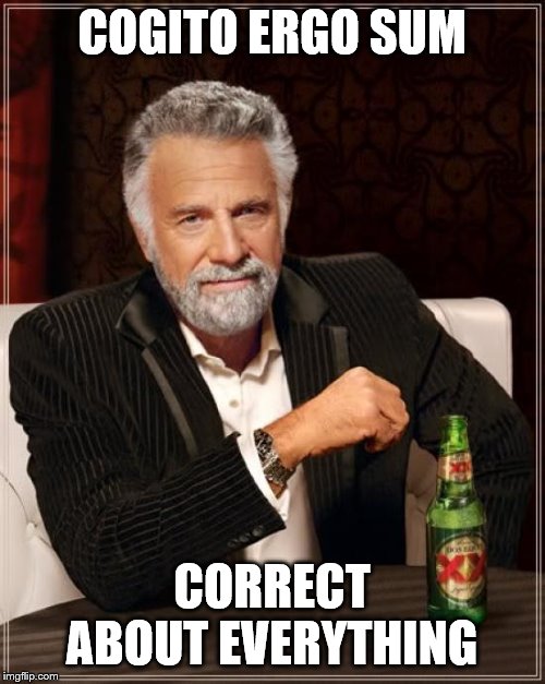 The Most Interesting Man In The World Meme | COGITO ERGO SUM CORRECT ABOUT EVERYTHING | image tagged in memes,the most interesting man in the world | made w/ Imgflip meme maker