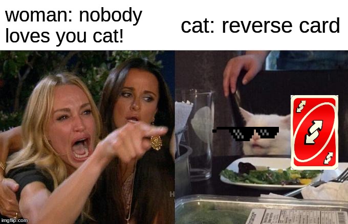 Woman Yelling At Cat Meme | woman: nobody loves you cat! cat: reverse card | image tagged in memes,woman yelling at cat | made w/ Imgflip meme maker