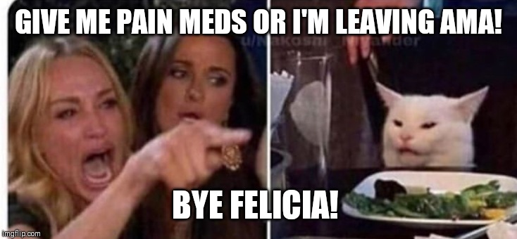 Cat at table | GIVE ME PAIN MEDS OR I'M LEAVING AMA! BYE FELICIA! | image tagged in cat at table | made w/ Imgflip meme maker