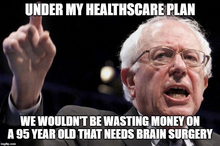 I guess none of us would need healthcare because we would starve to death! | UNDER MY HEALTHSCARE PLAN; WE WOULDN'T BE WASTING MONEY ON A 95 YEAR OLD THAT NEEDS BRAIN SURGERY | image tagged in bernie sanders | made w/ Imgflip meme maker
