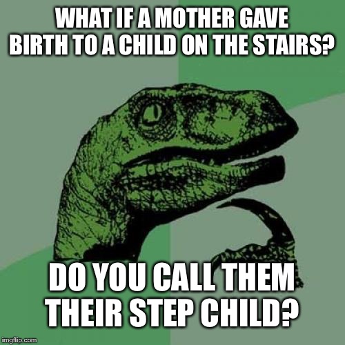 Philosoraptor | WHAT IF A MOTHER GAVE BIRTH TO A CHILD ON THE STAIRS? DO YOU CALL THEM THEIR STEP CHILD? | image tagged in memes,philosoraptor | made w/ Imgflip meme maker