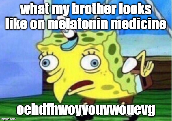 Mocking Spongebob | what my brother looks like on melatonin medicine; oehdfhwoyvouvwouevg | image tagged in memes,mocking spongebob | made w/ Imgflip meme maker