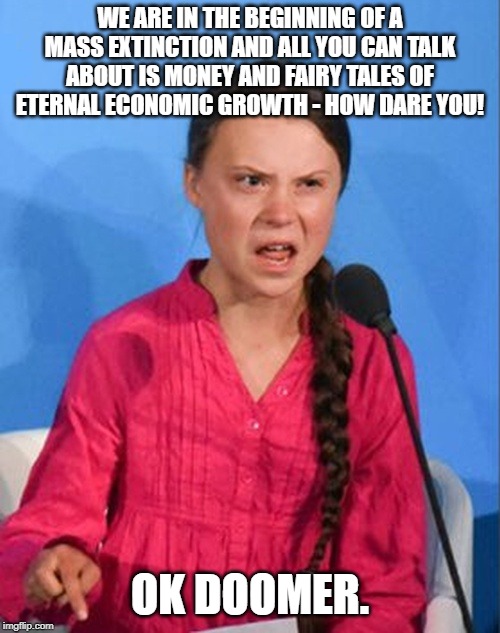 Greta Thunberg how dare you | WE ARE IN THE BEGINNING OF A MASS EXTINCTION AND ALL YOU CAN TALK ABOUT IS MONEY AND FAIRY TALES OF ETERNAL ECONOMIC GROWTH - HOW DARE YOU! OK DOOMER. | image tagged in greta thunberg how dare you | made w/ Imgflip meme maker