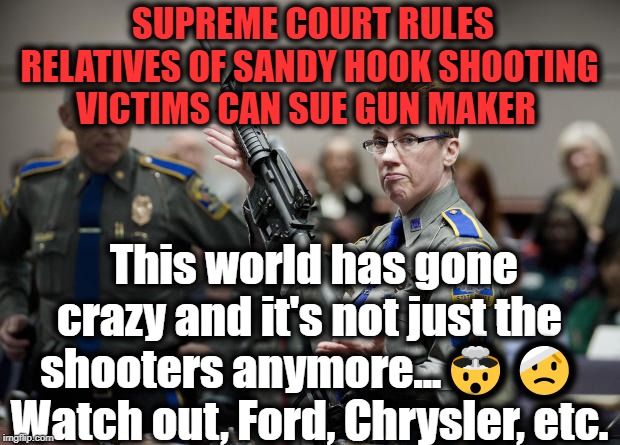 You can't make sense out of nonsense... |  SUPREME COURT RULES RELATIVES OF SANDY HOOK SHOOTING VICTIMS CAN SUE GUN MAKER; This world has gone crazy and it's not just the shooters anymore...🤯🤕 Watch out, Ford, Chrysler, etc. | image tagged in politics,political meme,political memes,american politics,political parties | made w/ Imgflip meme maker