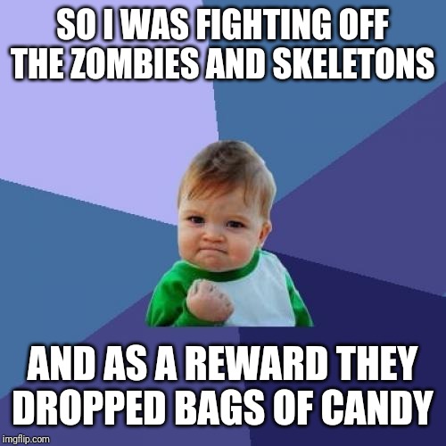 Success Kid | SO I WAS FIGHTING OFF THE ZOMBIES AND SKELETONS; AND AS A REWARD THEY DROPPED BAGS OF CANDY | image tagged in memes,success kid | made w/ Imgflip meme maker