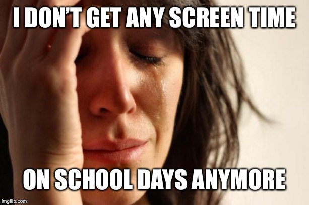 First World Problems Meme | I DON’T GET ANY SCREEN TIME; ON SCHOOL DAYS ANYMORE | image tagged in memes,first world problems | made w/ Imgflip meme maker