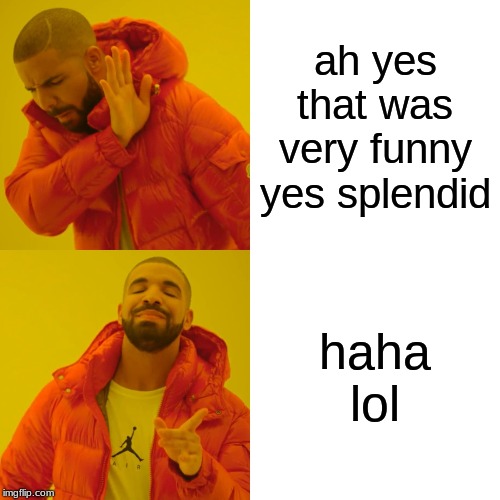 Drake Hotline Bling Meme | ah yes that was very funny yes splendid; haha lol | image tagged in memes,drake hotline bling | made w/ Imgflip meme maker