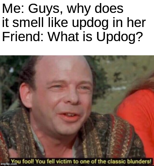 You fool! You fell victim to one of the classic blunders! | Me: Guys, why does it smell like updog in her
Friend: What is Updog? | image tagged in you fool you fell victim to one of the classic blunders | made w/ Imgflip meme maker