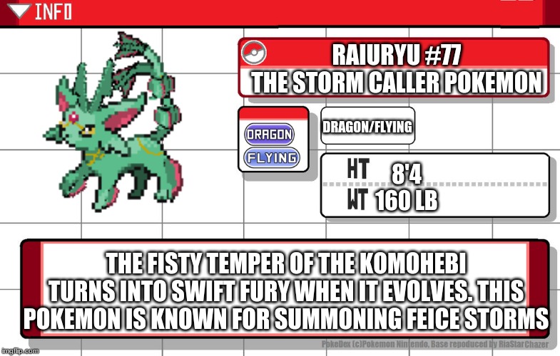 Raiuryu | RAIURYU #77
THE STORM CALLER POKEMON; DRAGON/FLYING; 8'4
160 LB; THE FISTY TEMPER OF THE KOMOHEBI TURNS INTO SWIFT FURY WHEN IT EVOLVES. THIS POKEMON IS KNOWN FOR SUMMONING FEICE STORMS | image tagged in imgflip username pokedex,pokemon,original character,fusion | made w/ Imgflip meme maker