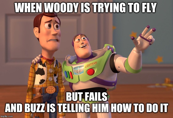 X, X Everywhere | WHEN WOODY IS TRYING TO FLY; BUT FAILS
AND BUZZ IS TELLING HIM HOW TO DO IT | image tagged in memes,x x everywhere | made w/ Imgflip meme maker
