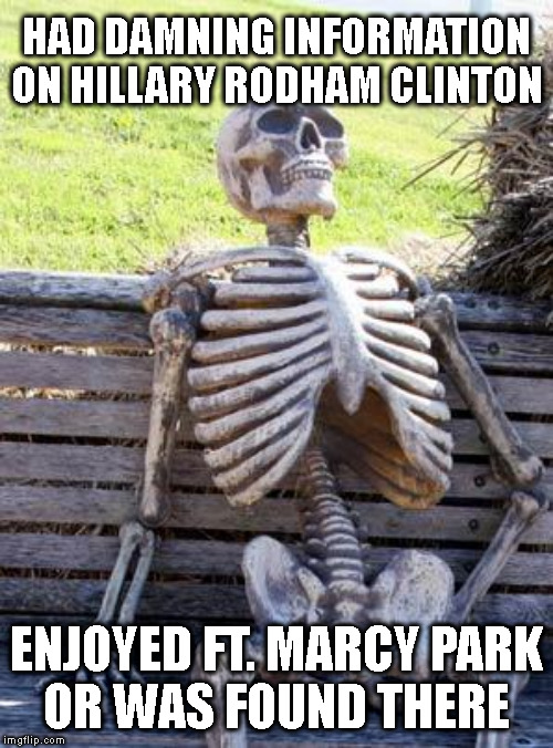 Waiting Skeleton Meme | HAD DAMNING INFORMATION
ON HILLARY RODHAM CLINTON; ENJOYED FT. MARCY PARK
OR WAS FOUND THERE | image tagged in memes,waiting skeleton | made w/ Imgflip meme maker