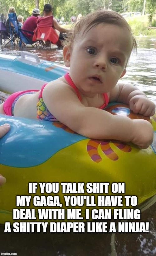 Don't talk bad about grandma! | IF YOU TALK SHIT ON MY GAGA, YOU'LL HAVE TO DEAL WITH ME. I CAN FLING A SHITTY DIAPER LIKE A NINJA! | image tagged in baby,ninja,diaper | made w/ Imgflip meme maker