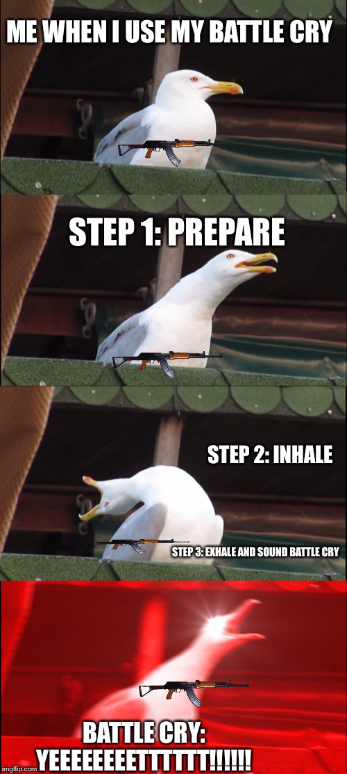 Inhaling Seagull Meme | ME WHEN I USE MY BATTLE CRY; STEP 1: PREPARE; STEP 2: INHALE; STEP 3: EXHALE AND SOUND BATTLE CRY; BATTLE CRY: YEEEEEEEETTTTTT!!!!!! | image tagged in memes,inhaling seagull | made w/ Imgflip meme maker