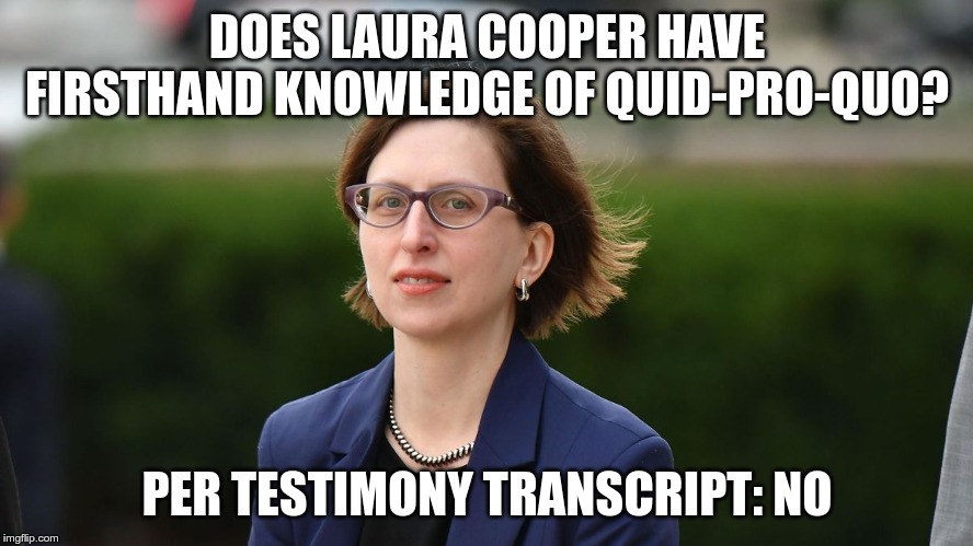 Quid-pro-quo: No (Laura Cooper mix) | DOES LAURA COOPER HAVE FIRSTHAND KNOWLEDGE OF QUID-PRO-QUO? PER TESTIMONY TRANSCRIPT: NO | image tagged in impeachment,donald trump | made w/ Imgflip meme maker