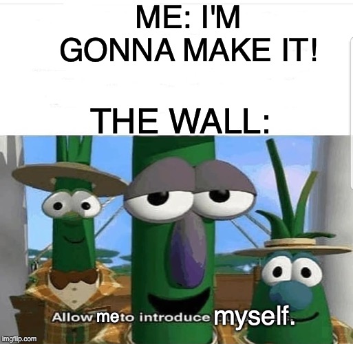 Allow us to introduce ourselves | ME: I'M GONNA MAKE IT! THE WALL: me myself. | image tagged in allow us to introduce ourselves | made w/ Imgflip meme maker