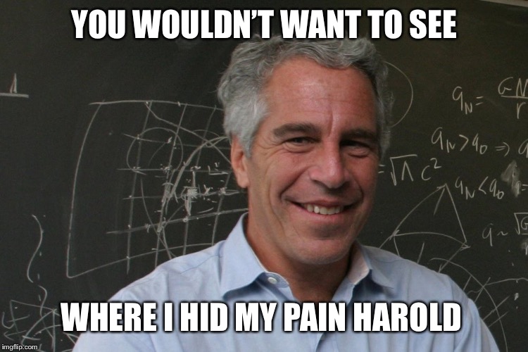 Jeffrey Epstein | YOU WOULDN’T WANT TO SEE WHERE I HID MY PAIN HAROLD | image tagged in jeffrey epstein | made w/ Imgflip meme maker