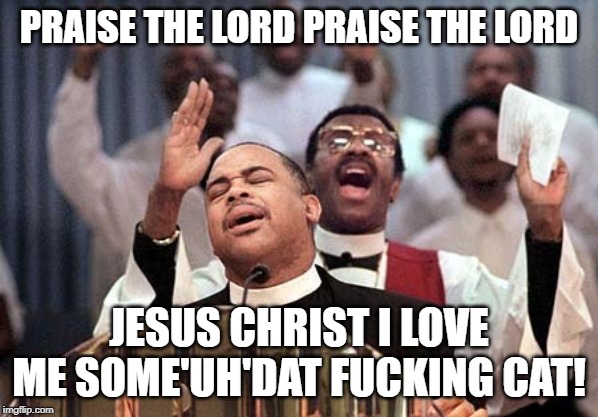 Black preacher | PRAISE THE LORD PRAISE THE LORD JESUS CHRIST I LOVE ME SOME'UH'DAT F**KING CAT! | image tagged in black preacher | made w/ Imgflip meme maker